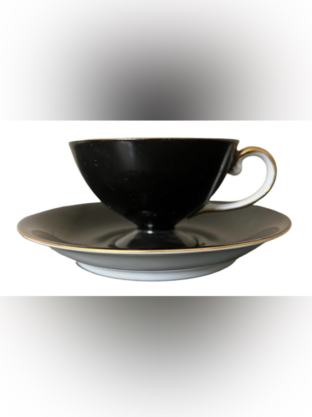 Vintage Mid Century Noritake Teacup & Saucer - Piano Black Gloss, 1950s.